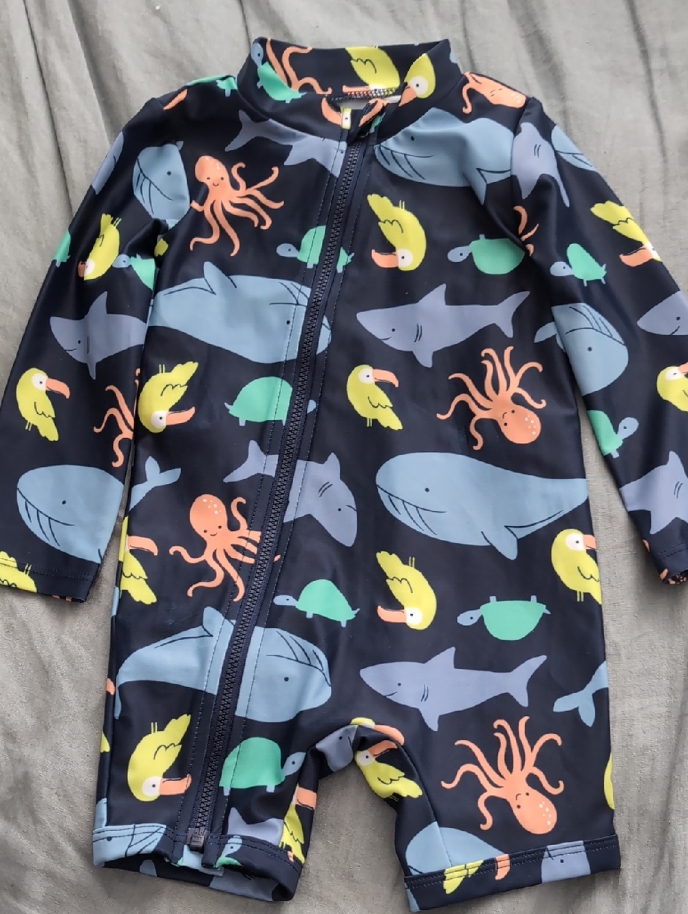 Kids Navy Ocean Print Rashguard Swimsuit - Long Sleeve- 18M
